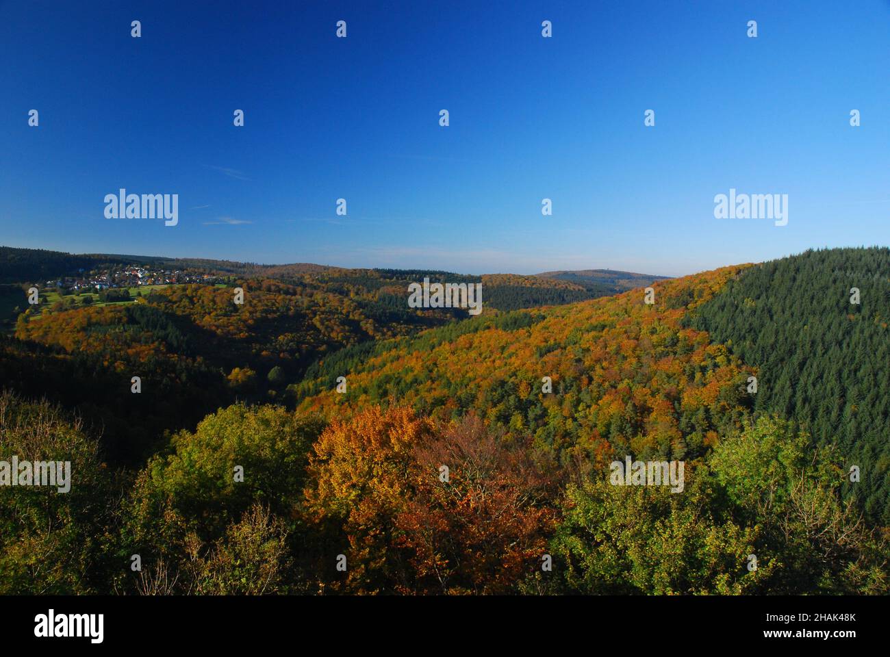 View From Fort Reifenberg To The Autumn Colors in Taunus Mountains Hesse Germany On A Beautiful Autumn Day With A Clear Blue Sky Stock Photo