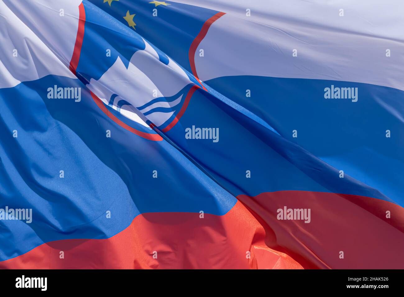 Part of Slovenian national flag waving, close-up. Republic of Slovenia, SL Stock Photo