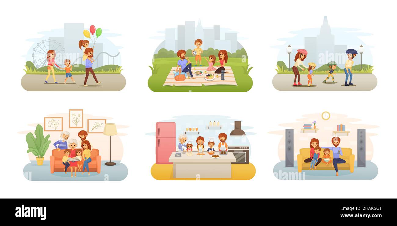 Family holidays flat cartoon icon set children and their parents visit the amusement park have a picnic go roller skating watch TV together cook and r Stock Vector