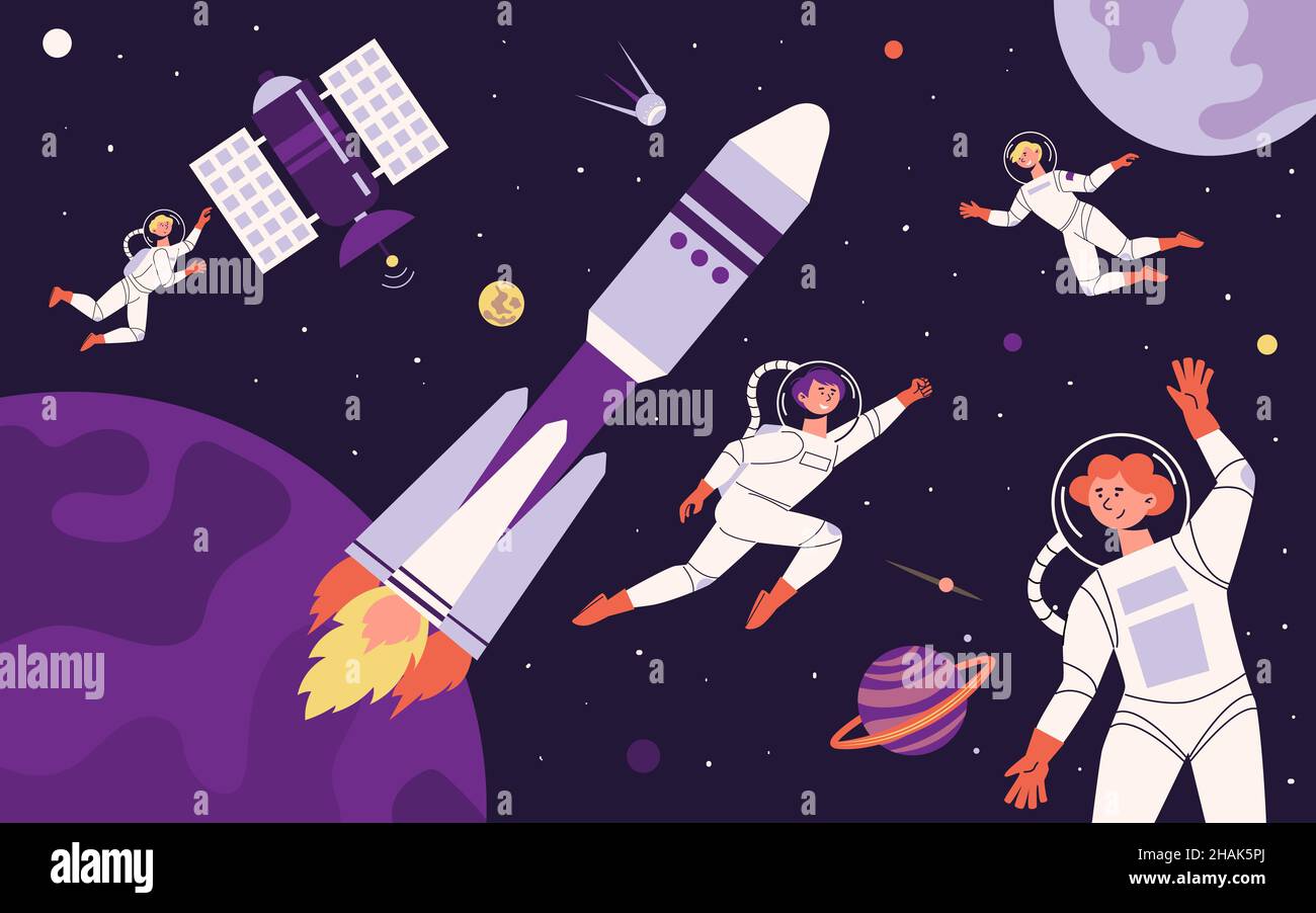 Flat space composition abstract situation astronauts are in weightlessness in space and around them satellites space stations and planets Stock Vector