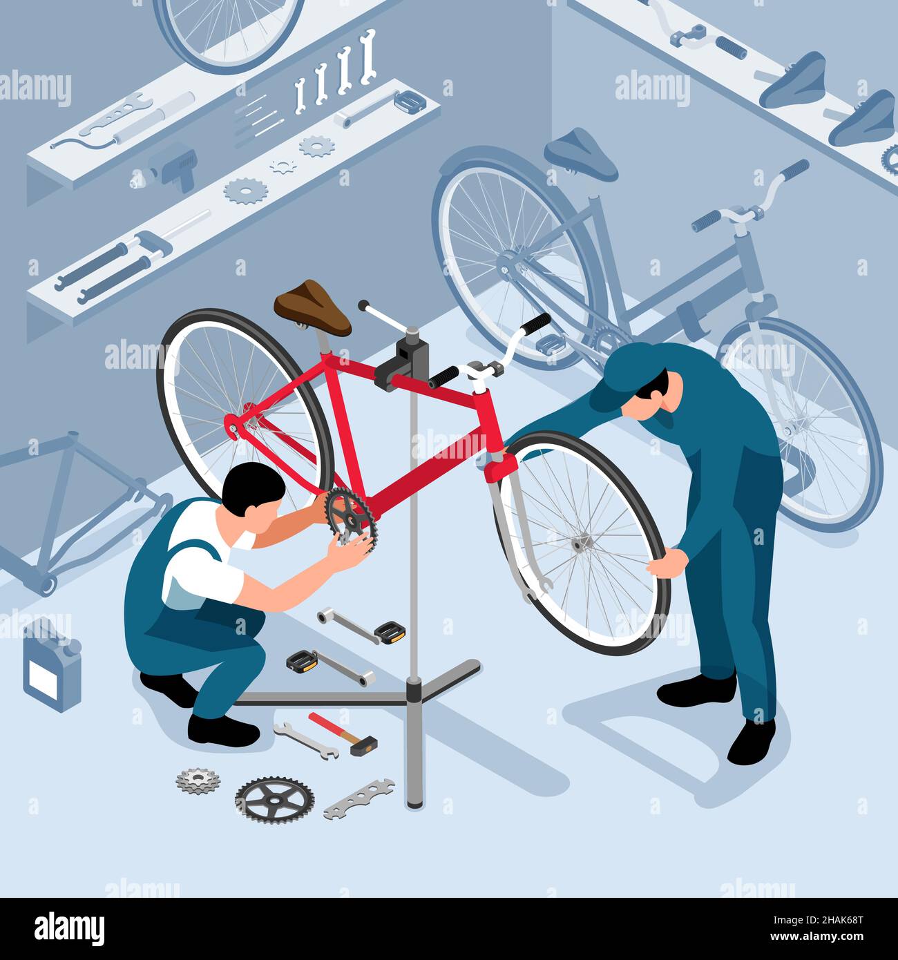 Bicycle maintenance in workshop isometric background with two workers installing bike parts after repair vector illustration Stock Vector Image Art Alamy