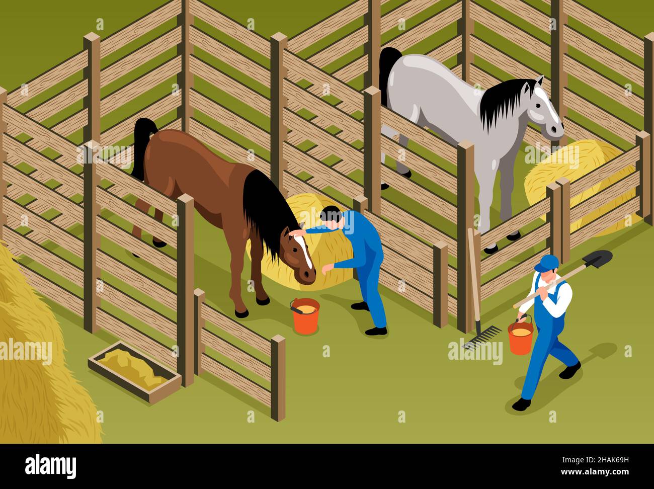 Horse stable isometric background with horses in stall and workers in