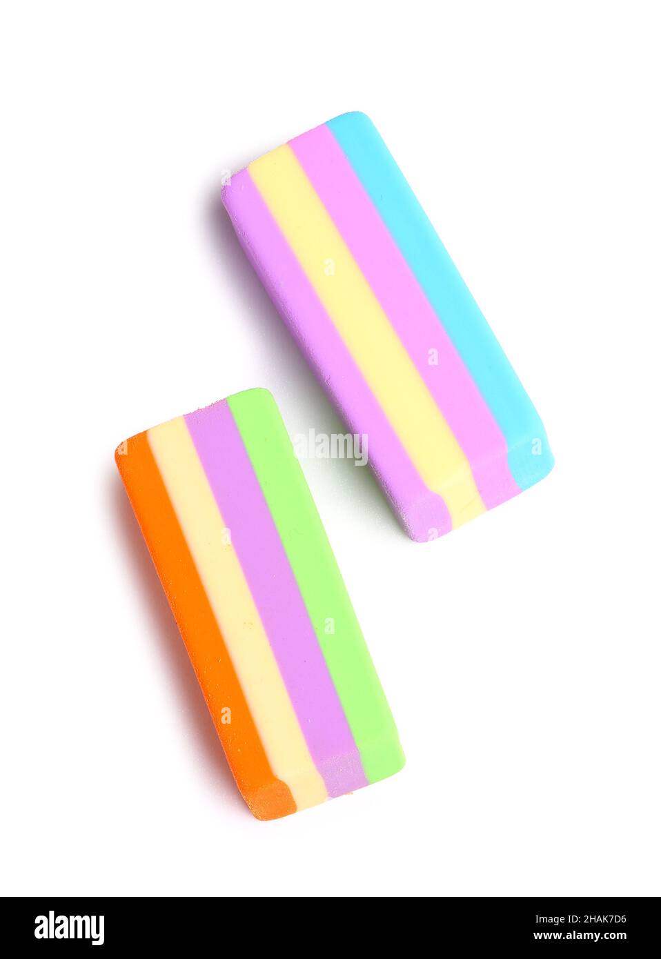 Colorful erasers on white background Stock Photo Alamy