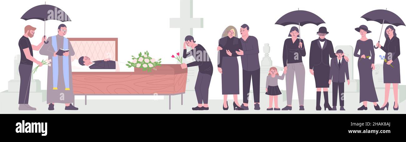 Death flat composition with funeral burial service dead man in coffin ...