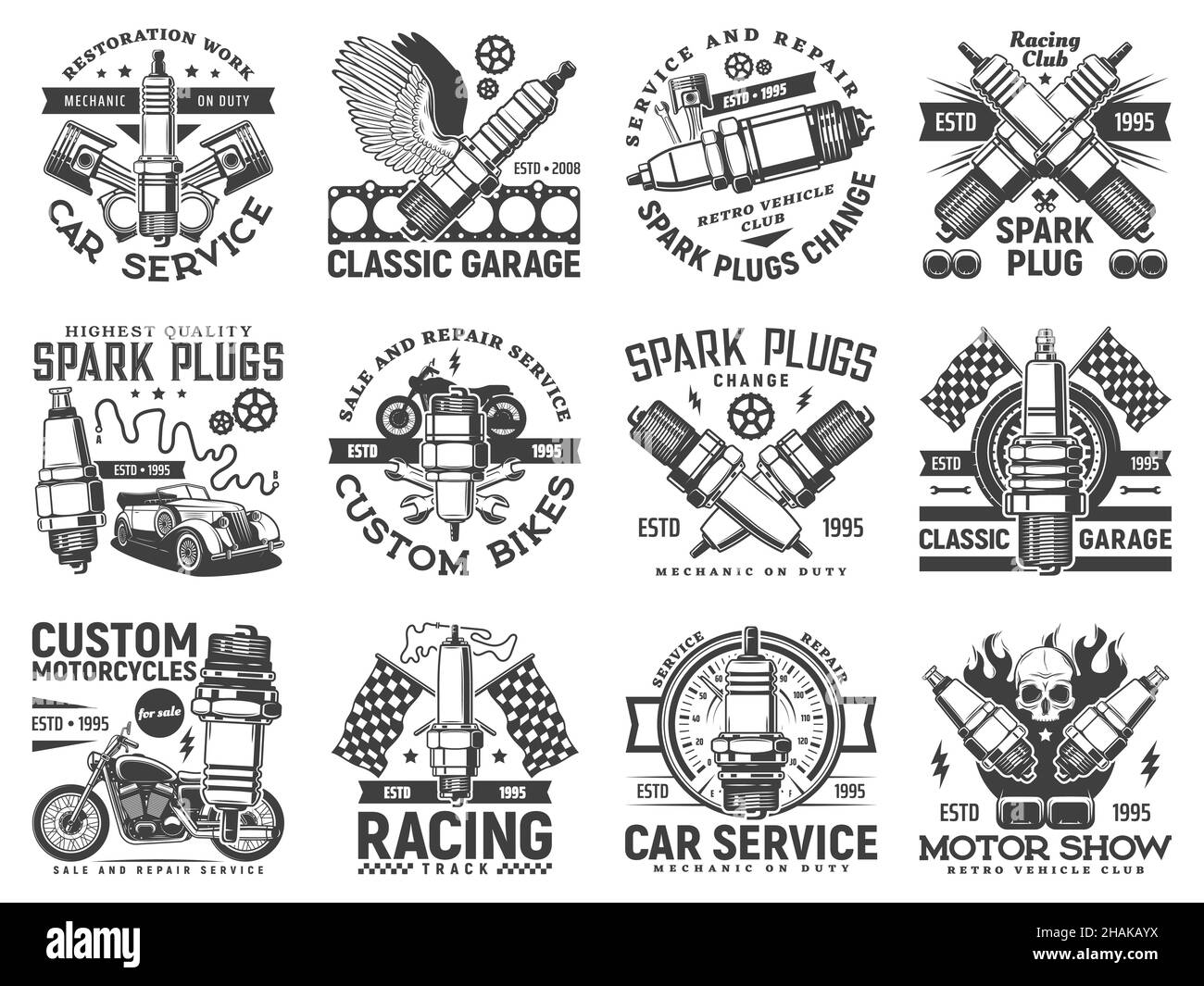 Garage custom motor icons, motorcycle and car races, vector mechanic service emblems. Garage custom repair and restoration service for cars and bikes, Stock Vector