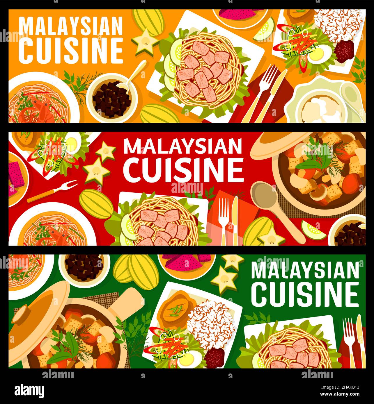 Malaysian cuisine food banners, Asian rice and Malay curry dishes ...