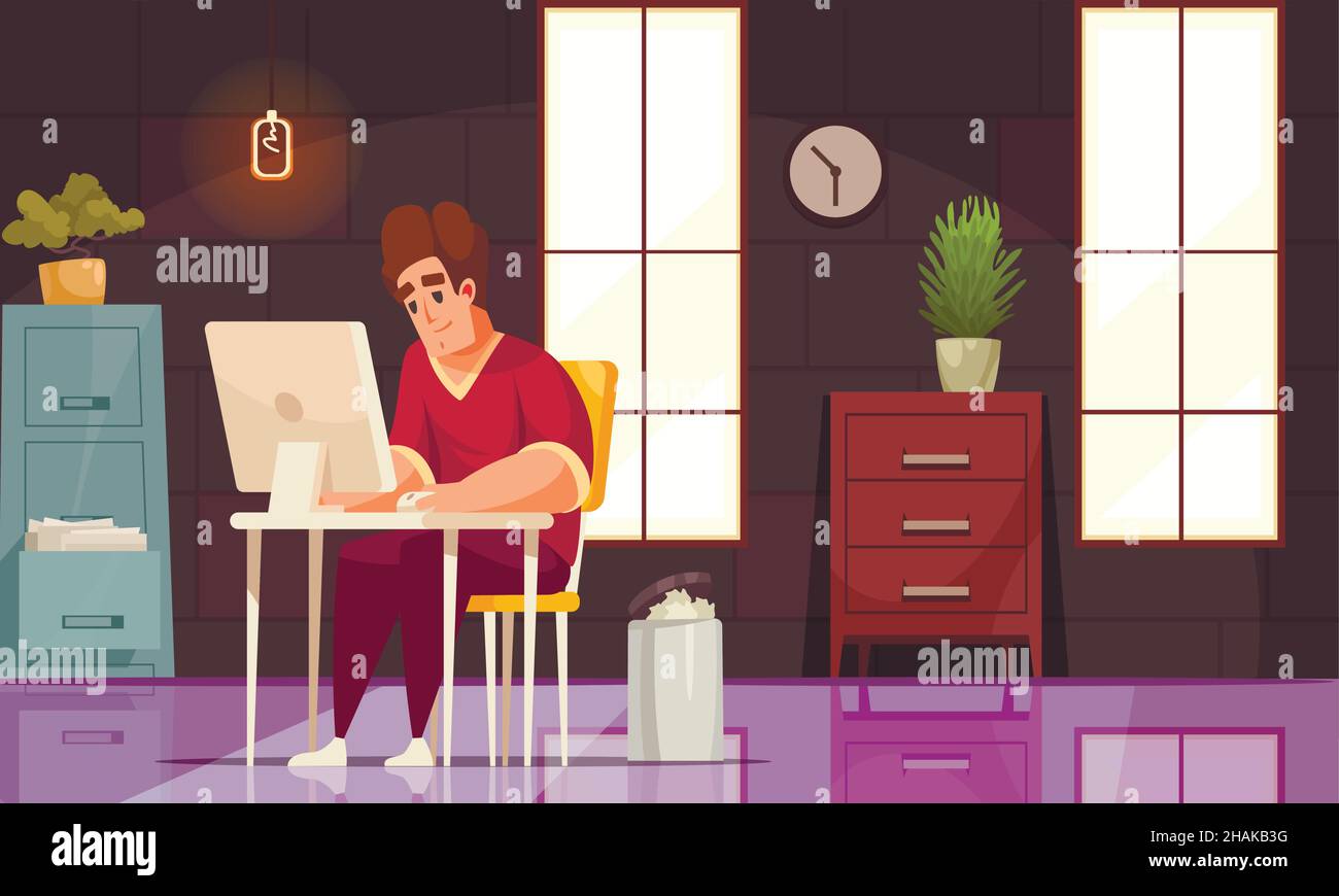 Daily routine background with cartoon male character working online ...