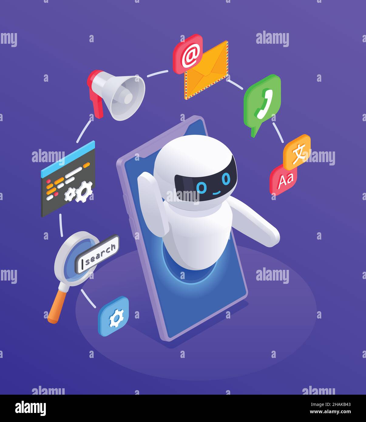 Chatbot messenger concept with options and functions symbols isometric vector illustration Stock Vector