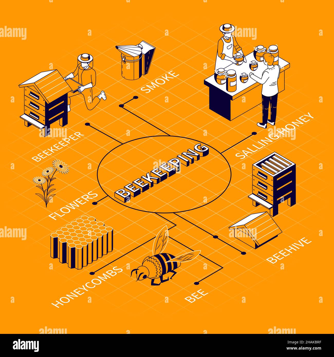 Beekeeping isometric flowchart composition with editable text captions and images of hives honeycombs flowers and people vector illustration Stock Vector