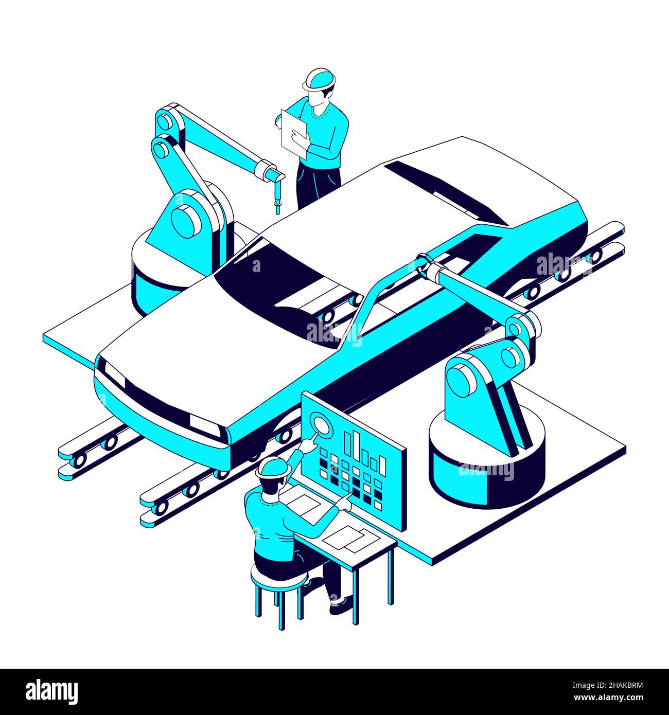 Car parts production isometric set with human character of worker operating arm manipulators assembling car body vector illustration Stock Vector