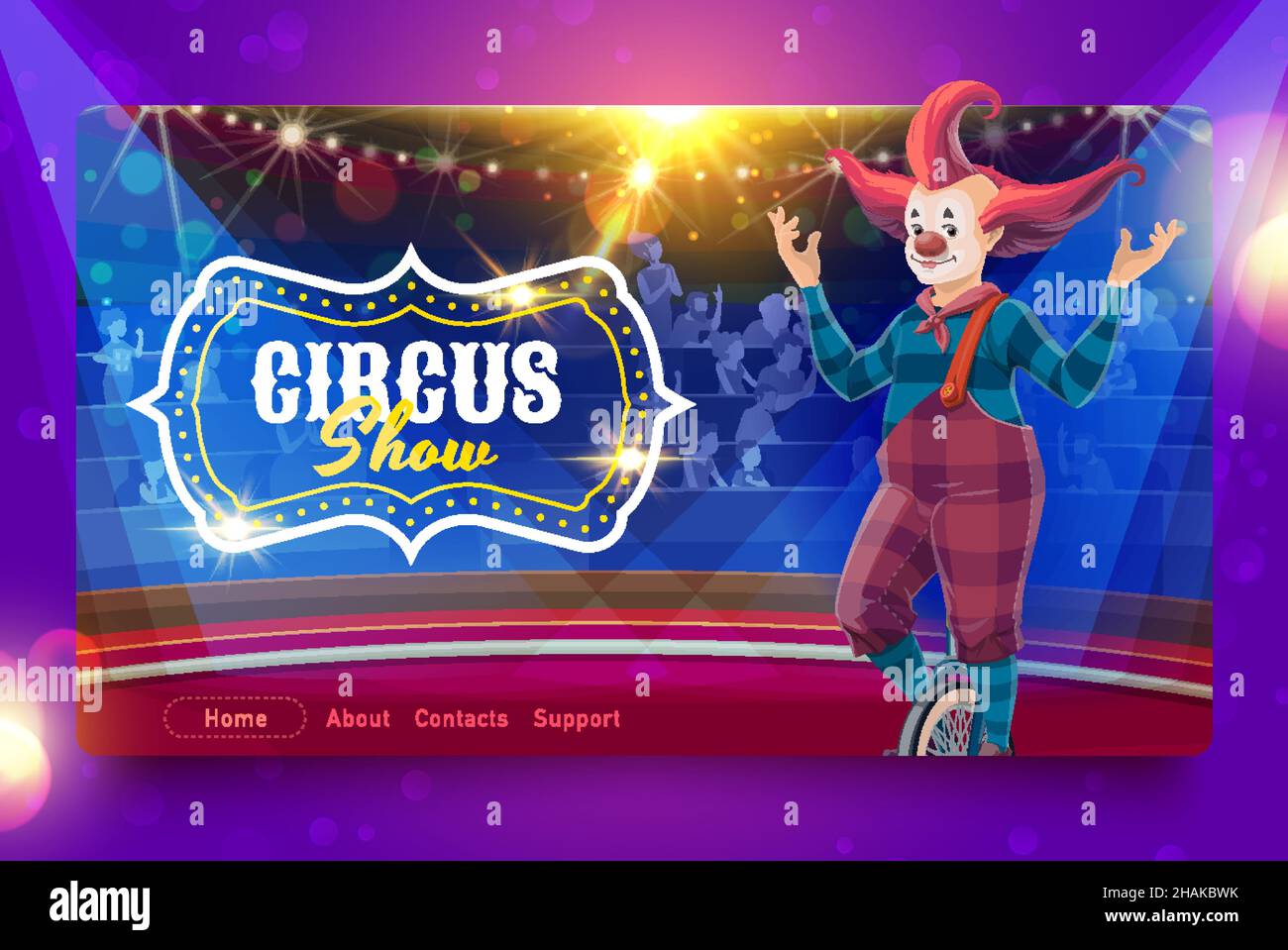 Shapito circus landing page with cartoon clown on unicycle on circus ...