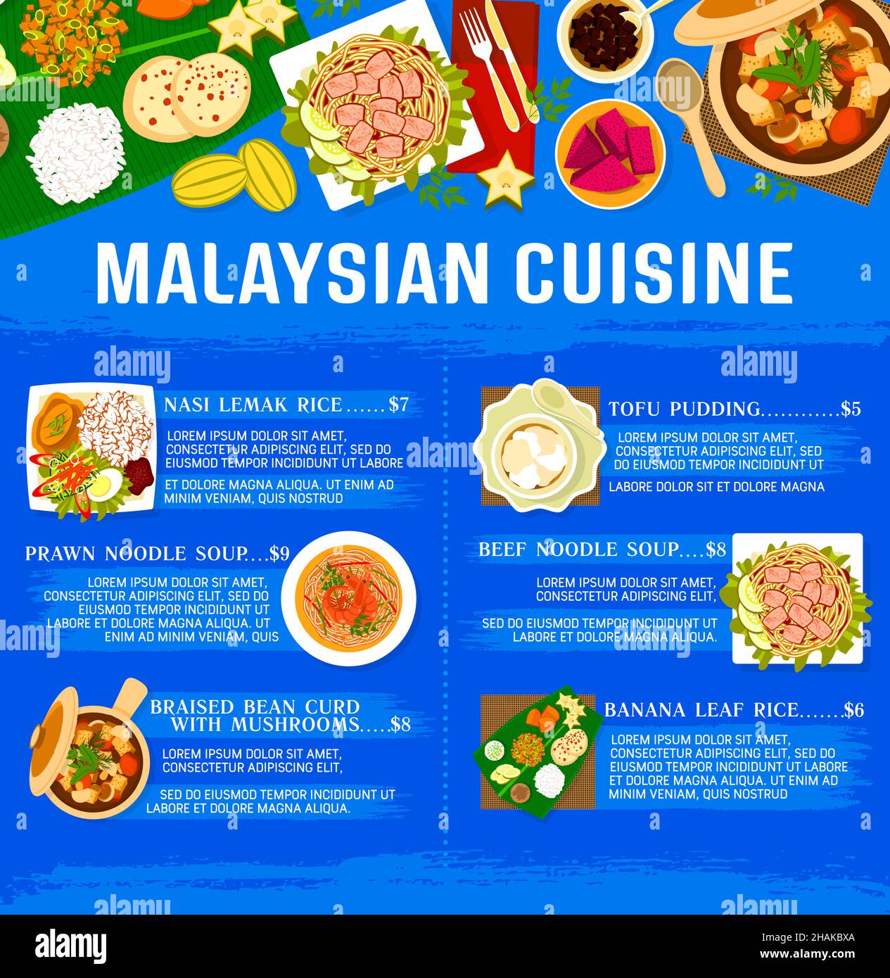 Malaysian cuisine menu template vector dishes beef noodle soup, banana leaf rice and tofu pudding with nasi lemak rice. Prawn noodle soup and braised Stock Vector