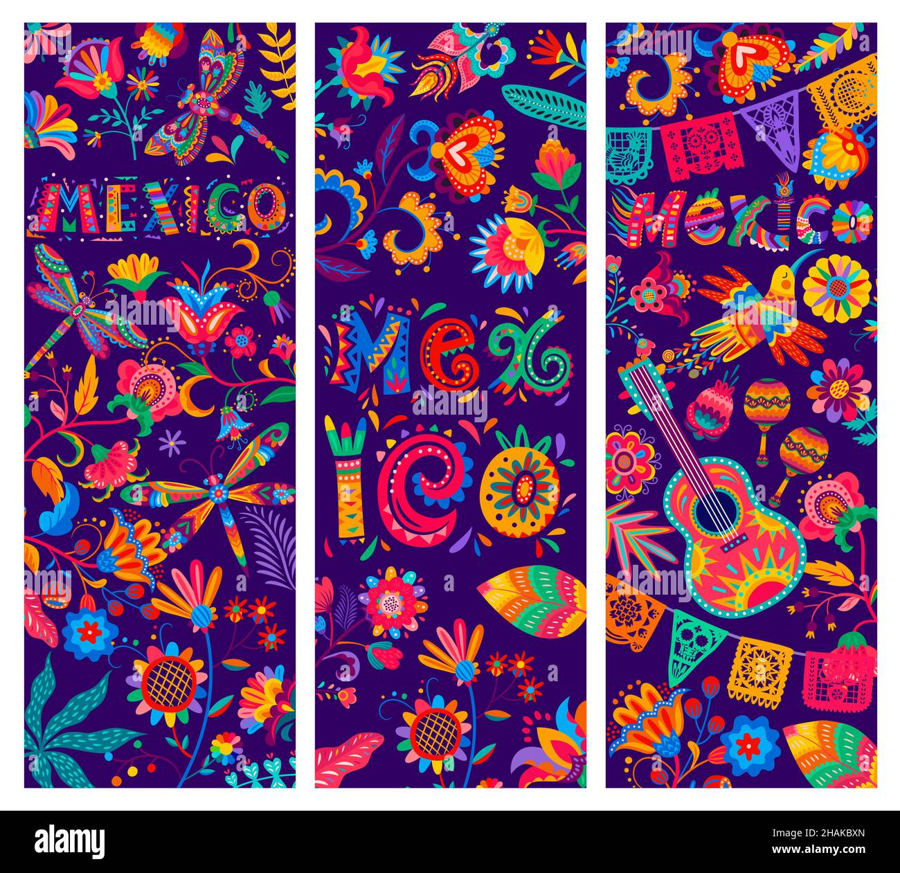 Cartoon Mexican banners. Vector flowers, hummingbird and papel picado flags, dragonflies, guitar and maracas pattern. Bright color floral ornament wit Stock Vector