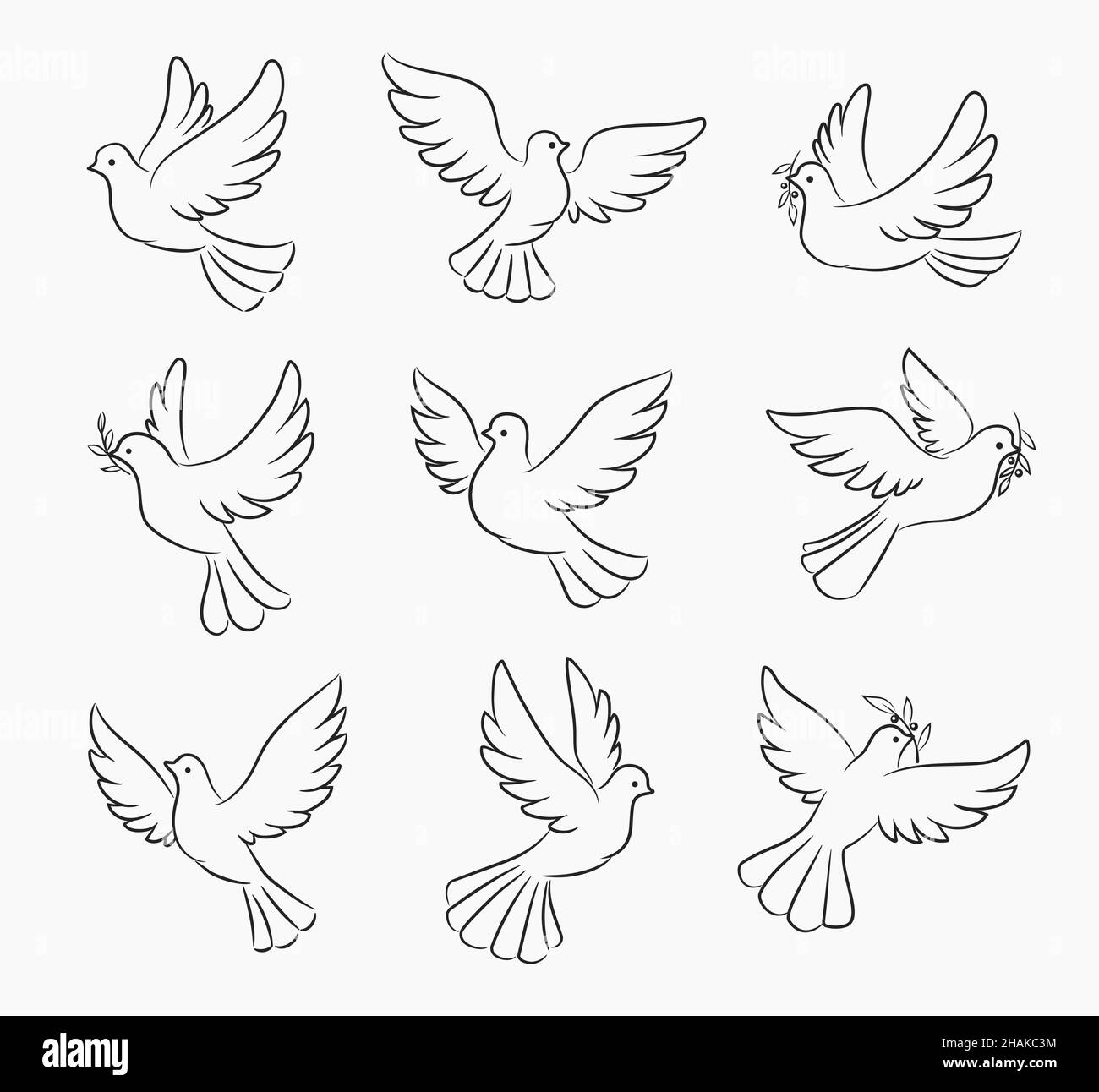 Christmas dove and pigeon bird vector silhouettes of Xmas tree decorations. Christian religion symbols of peace, hope and love, doves flying with oliv Stock Vector
