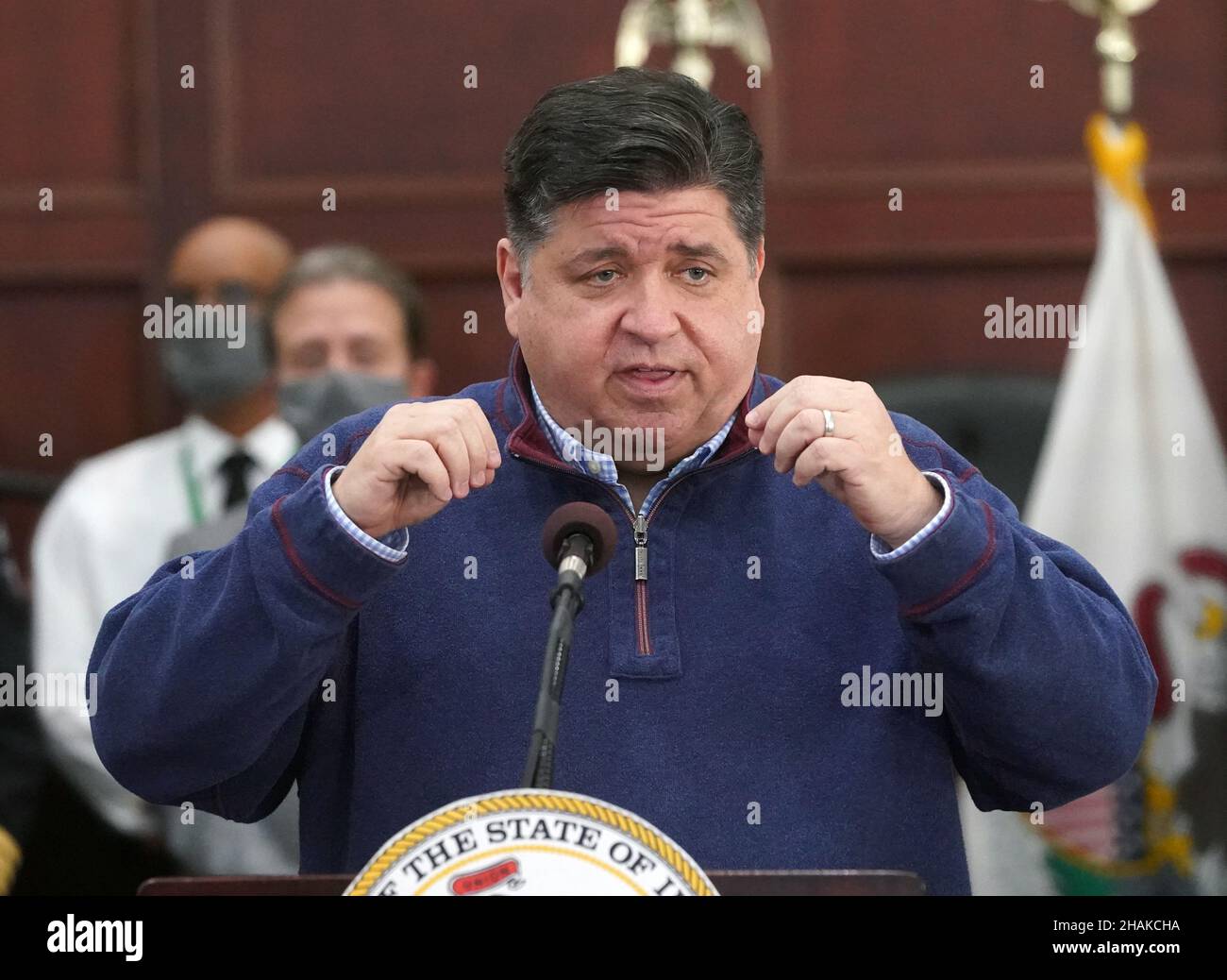 Pontoon Beach, United States. 13th Dec, 2021. Illinois Governor JB Pritzker makes his remarks at a press conference after touring the Amazon Hub deadly tornado damage site in Pontoon Beach, Illinois on Monday, December 13, 2021. Six people were killed after a powerful tornado ripped apart a large Amazon storage facility on Friday, December 10, 2021. Photo by Bill Greenblatt/UPI Credit: UPI/Alamy Live News Stock Photo