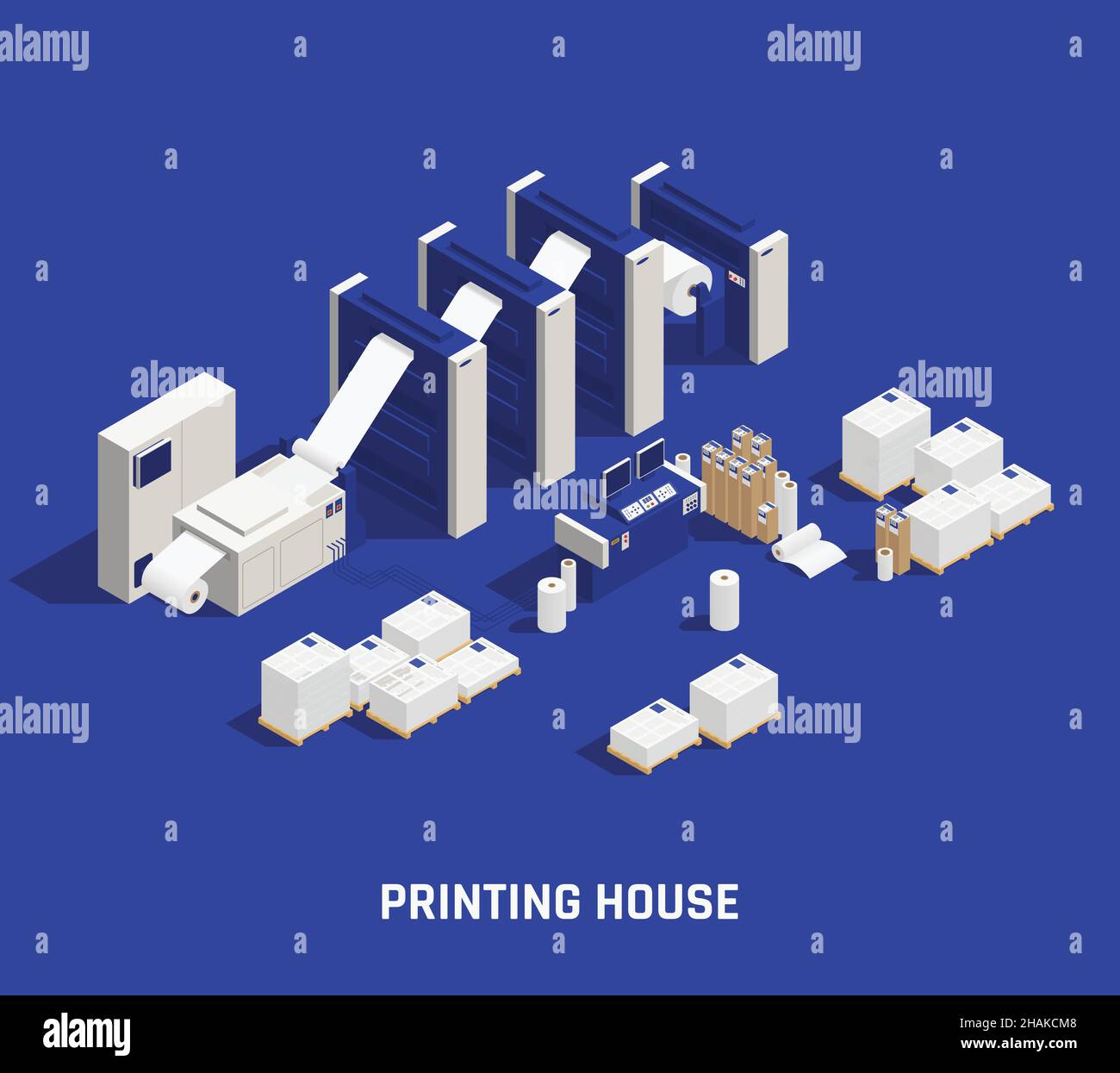 Printing house isometric composition with text and images of printers with paper rolls stacks and computers vector illustration Stock Vector