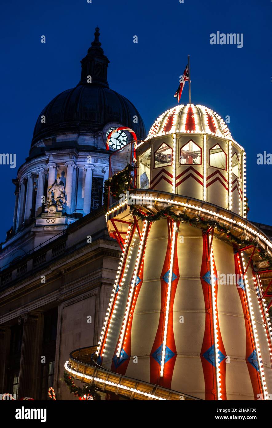 Christmas in the Old Market Square the Helter Skelter and Christmas tree. Nottingham, England