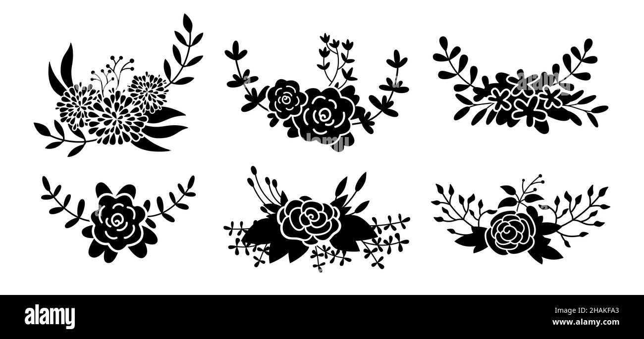 Floral composition set, flower branch black glyph. Abstract silhouette beautiful floral design elements. cartoon eco collection. Engravings isolated flowers. Vector illustration Stock Vector