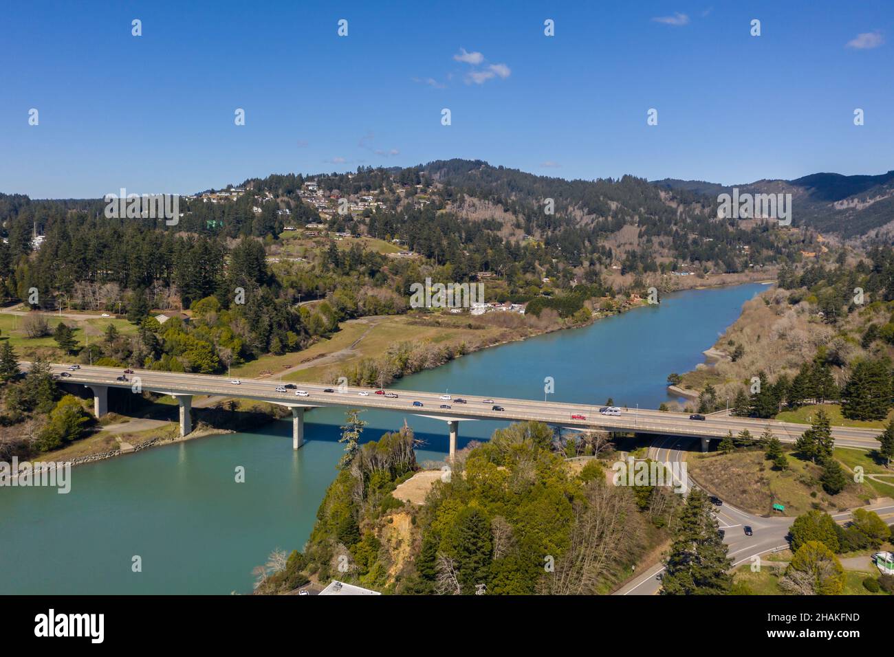 Aerial of bridge over Chetco River in Brookings, Oregon Stock Photo Alamy