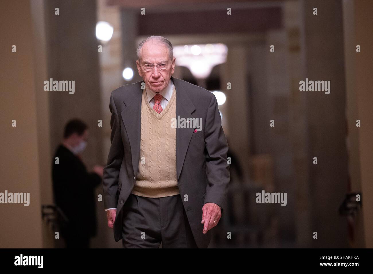 Washington, USA. 13th Dec, 2021. Senator Chuck Grassley (R-IA) walks through the U.S. Capitol, in Washington, DC, on Monday, December 13, 2021. The House Committee Investigating the January 6th insurrection voted on Monday to recommend contempt charges against former White House chief of staff Mark Meadows, as negotiations over President Biden's Build Back Better agenda near a critical point before the winter holiday recess. (Graeme Sloan/Sipa USA) Credit: Sipa USA/Alamy Live News Stock Photo