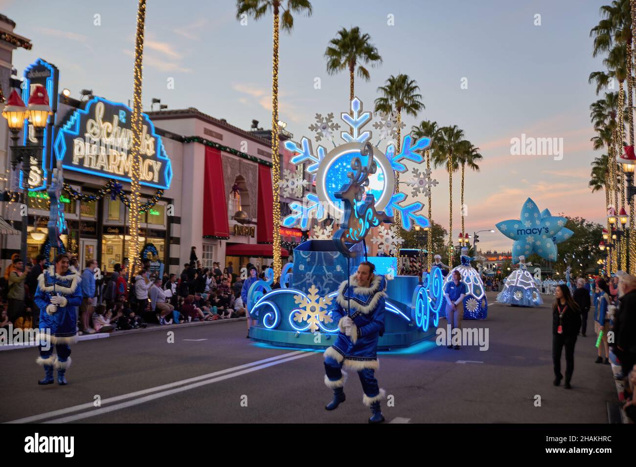 Universal's Holiday Parade featuring Macy's. Balloons floating through