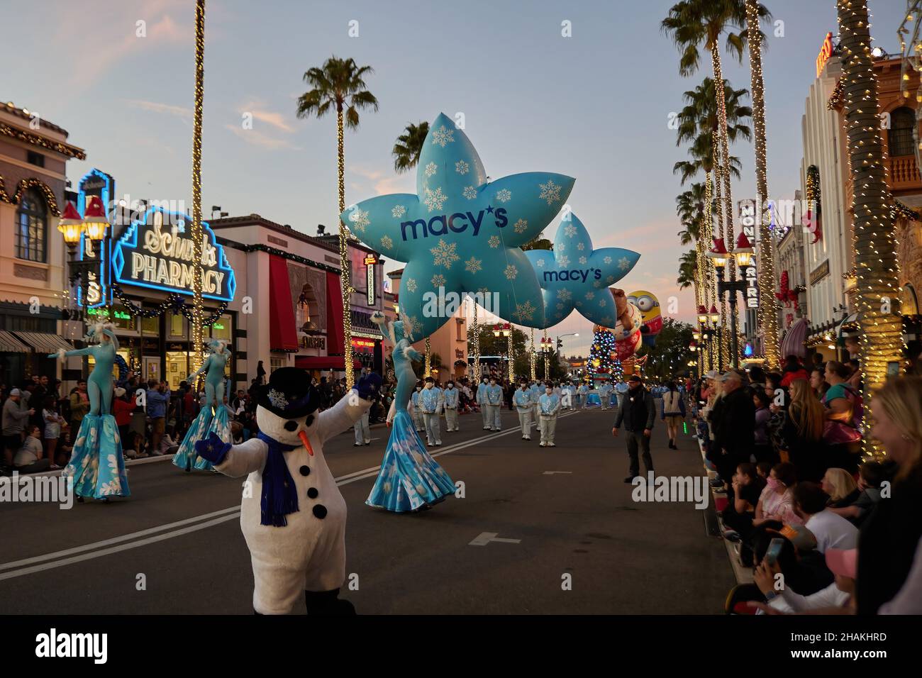 Universal's Holiday Parade featuring Macy's. Balloons floating through