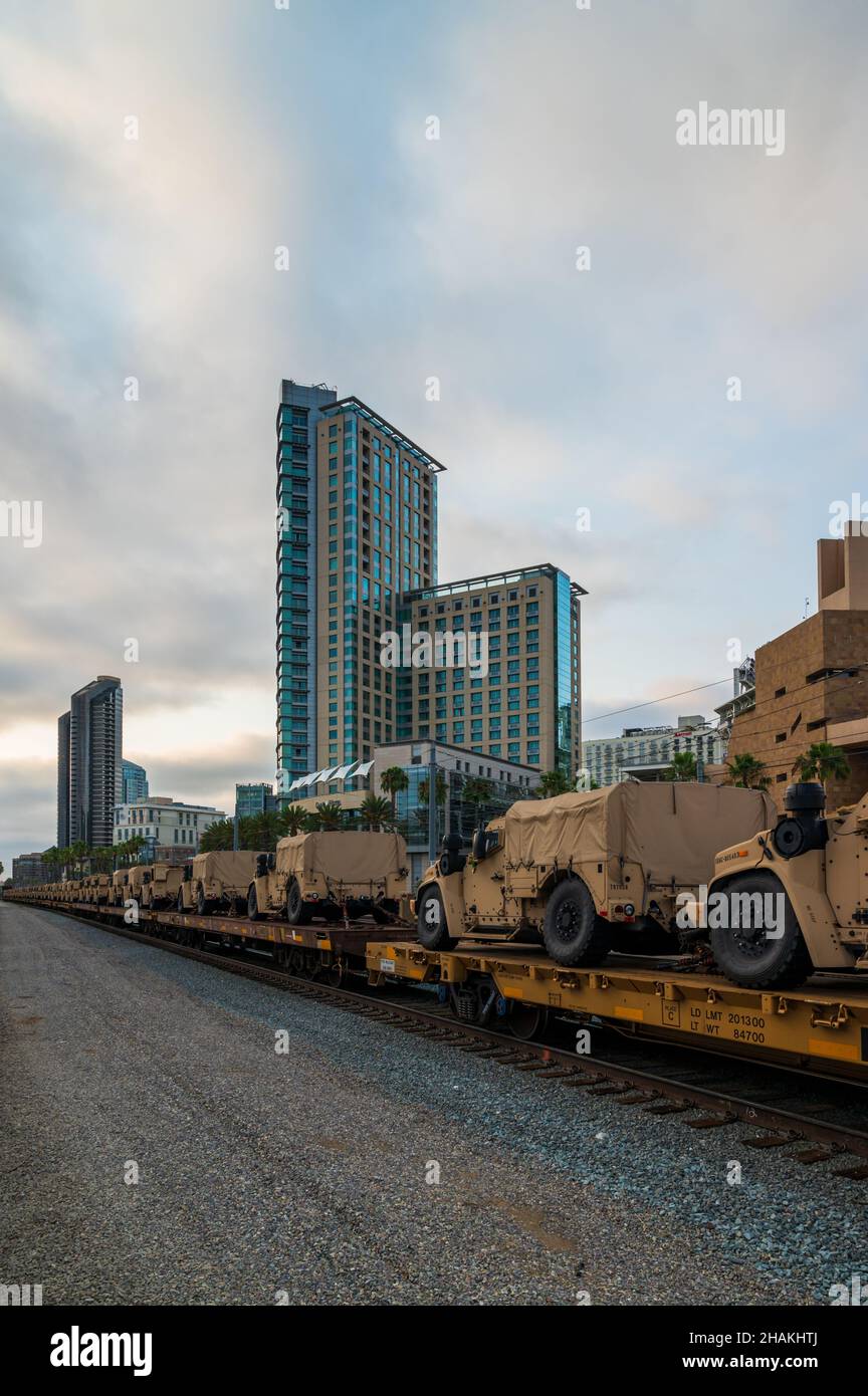Military vehicles are transported on a train Stock Photo Alamy