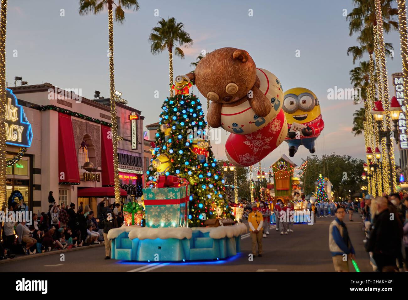 Universal's Holiday Parade featuring Macy's. Balloons floating through