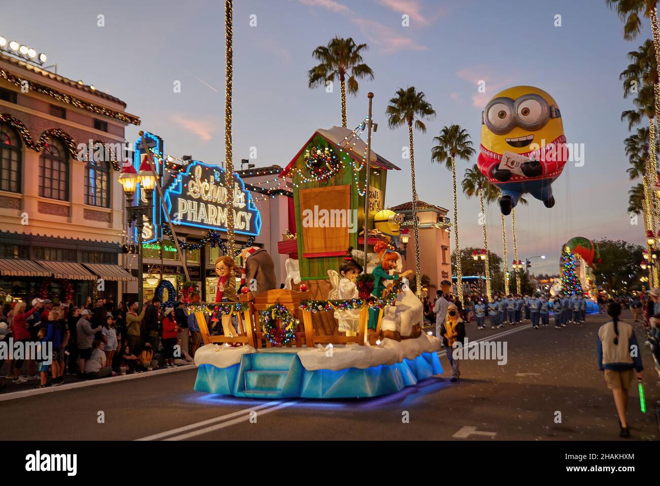 Universal's Holiday Parade featuring Macy's. Balloons floating through