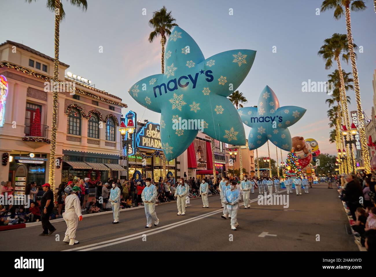 Universal's Holiday Parade featuring Macy's. Balloons floating through the streets of Universal