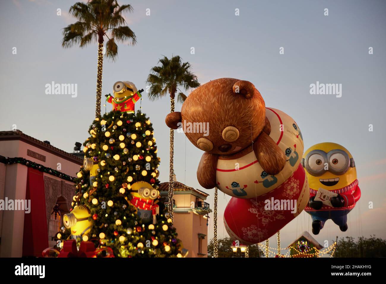 Universal's Holiday Parade featuring Macy's. Balloons floating through the streets of Universal