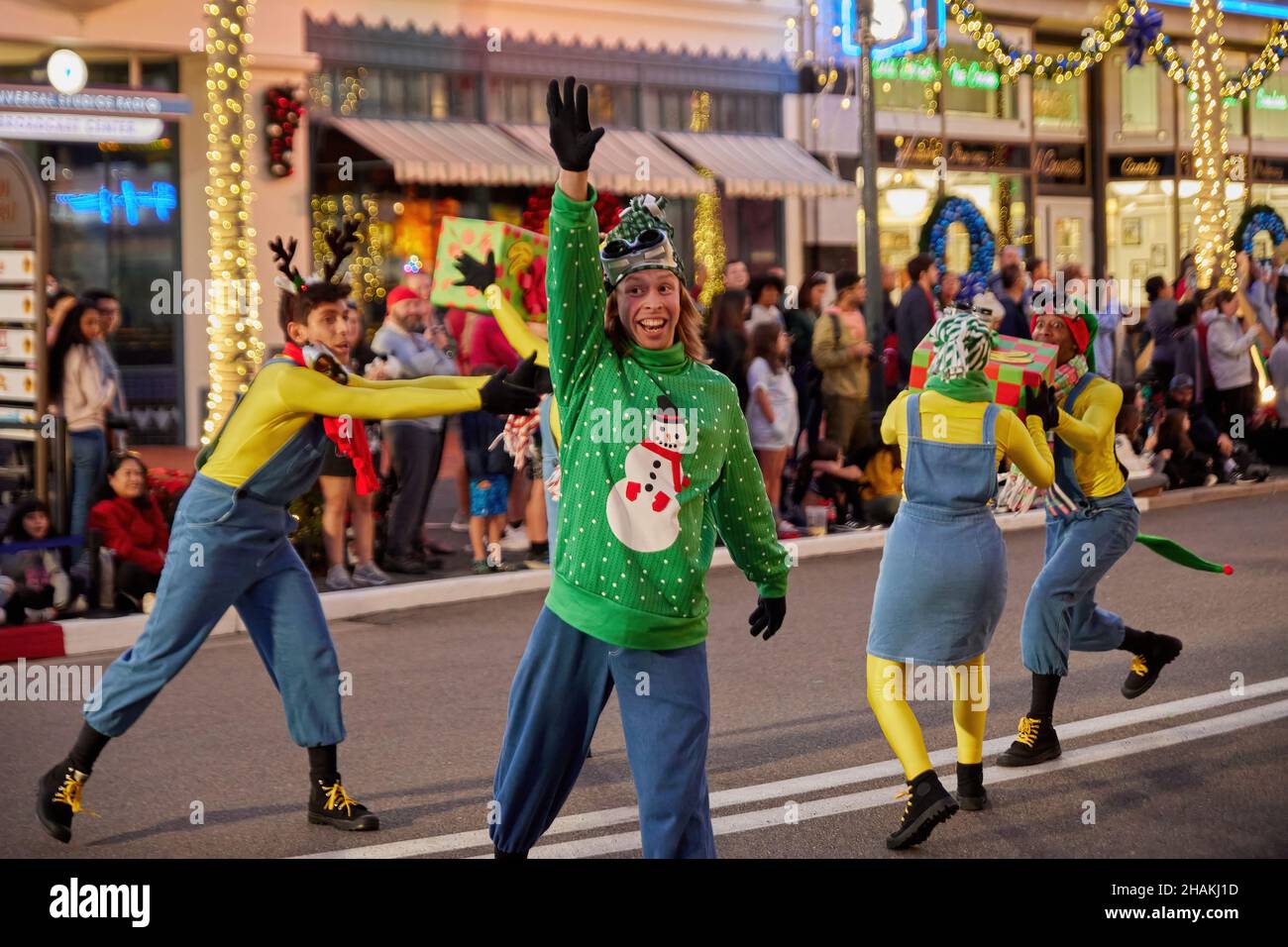 Universal's Holiday Parade featuring Macy's. Balloons floating through the streets of Universal