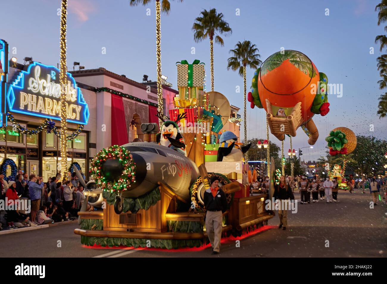Universal's Holiday Parade featuring Macy's. Balloons floating through