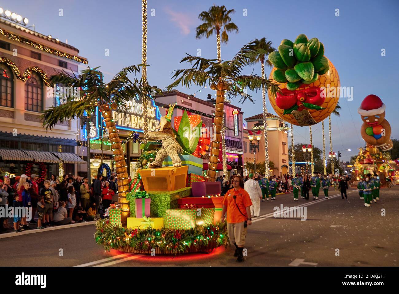 Universal's Holiday Parade featuring Macy's. Balloons floating through