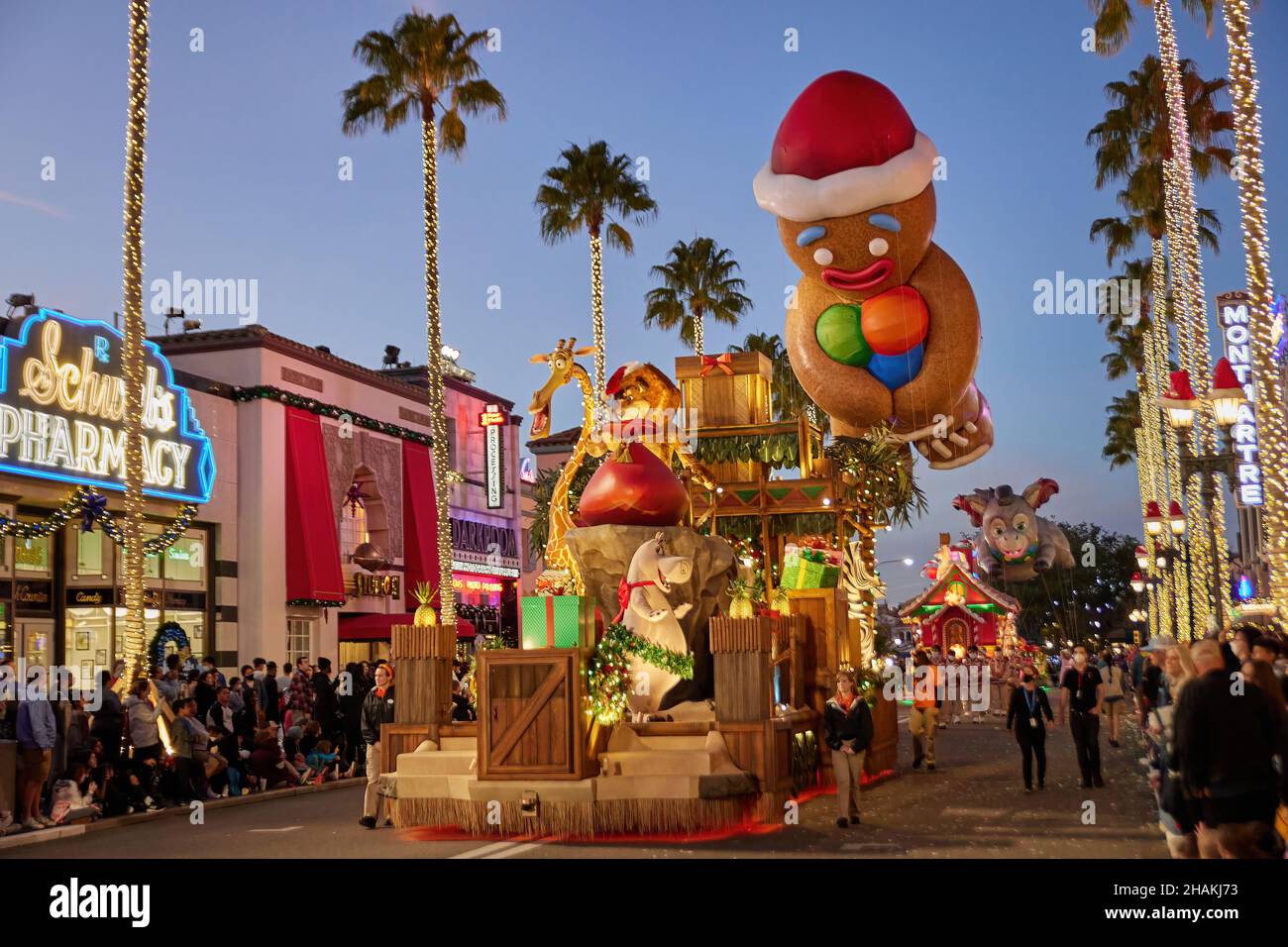 Universal's Holiday Parade featuring Macy's. Balloons floating through