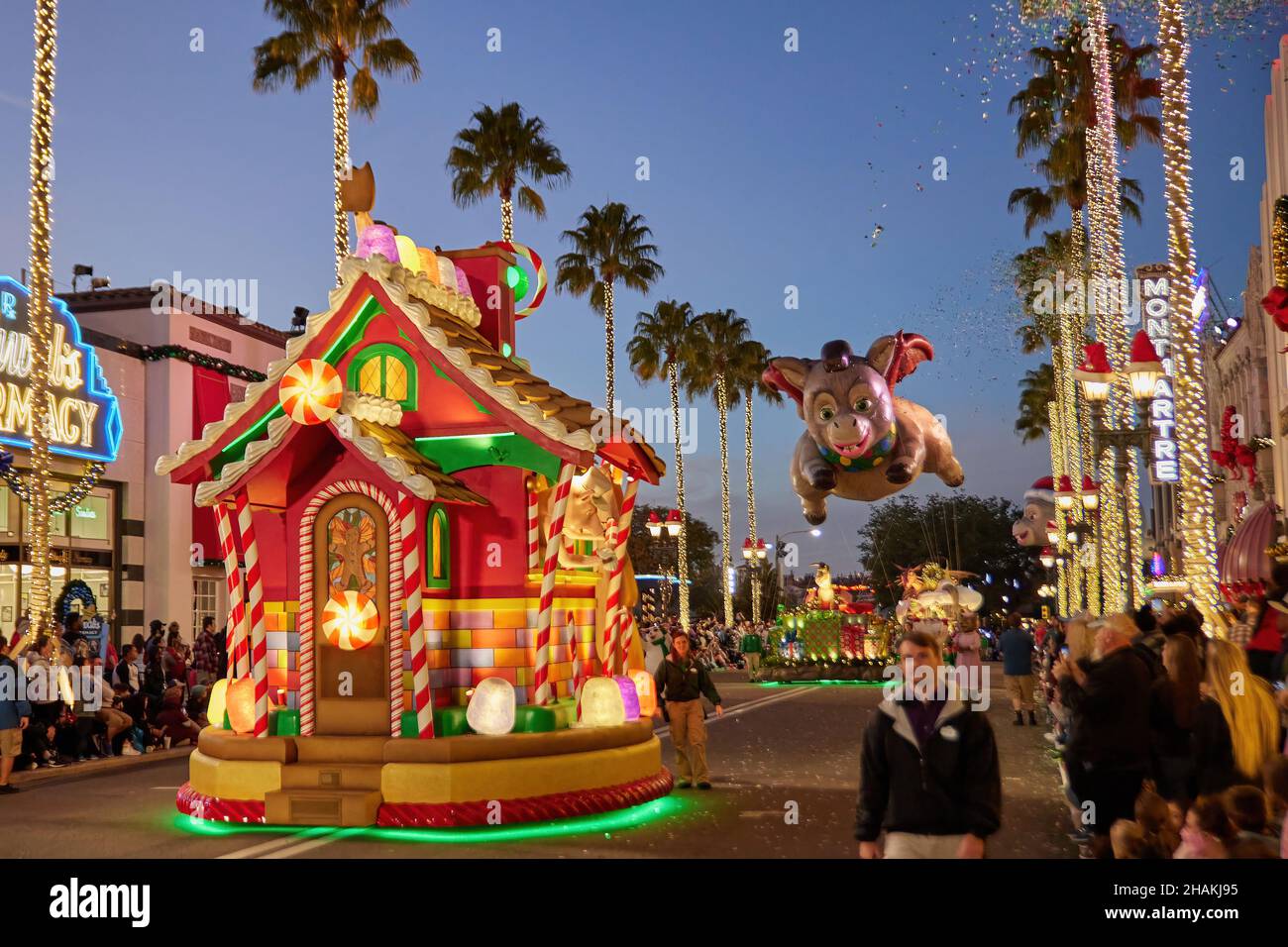 Universal's Holiday Parade featuring Macy's. Balloons floating through the streets of Universal