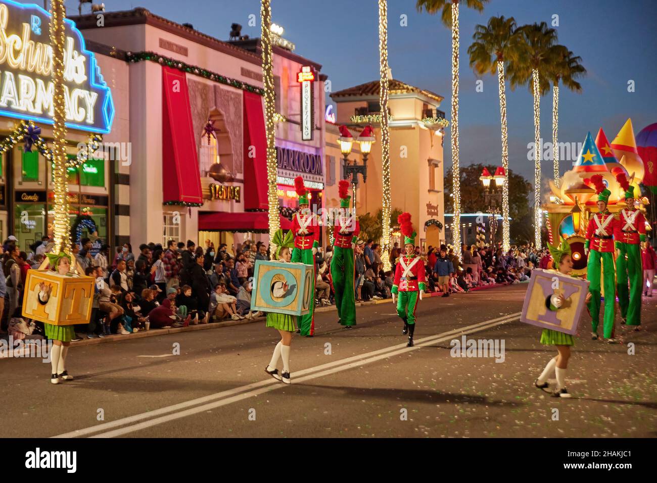 Universal's Holiday Parade featuring Macy's. Balloons floating through the streets of Universal