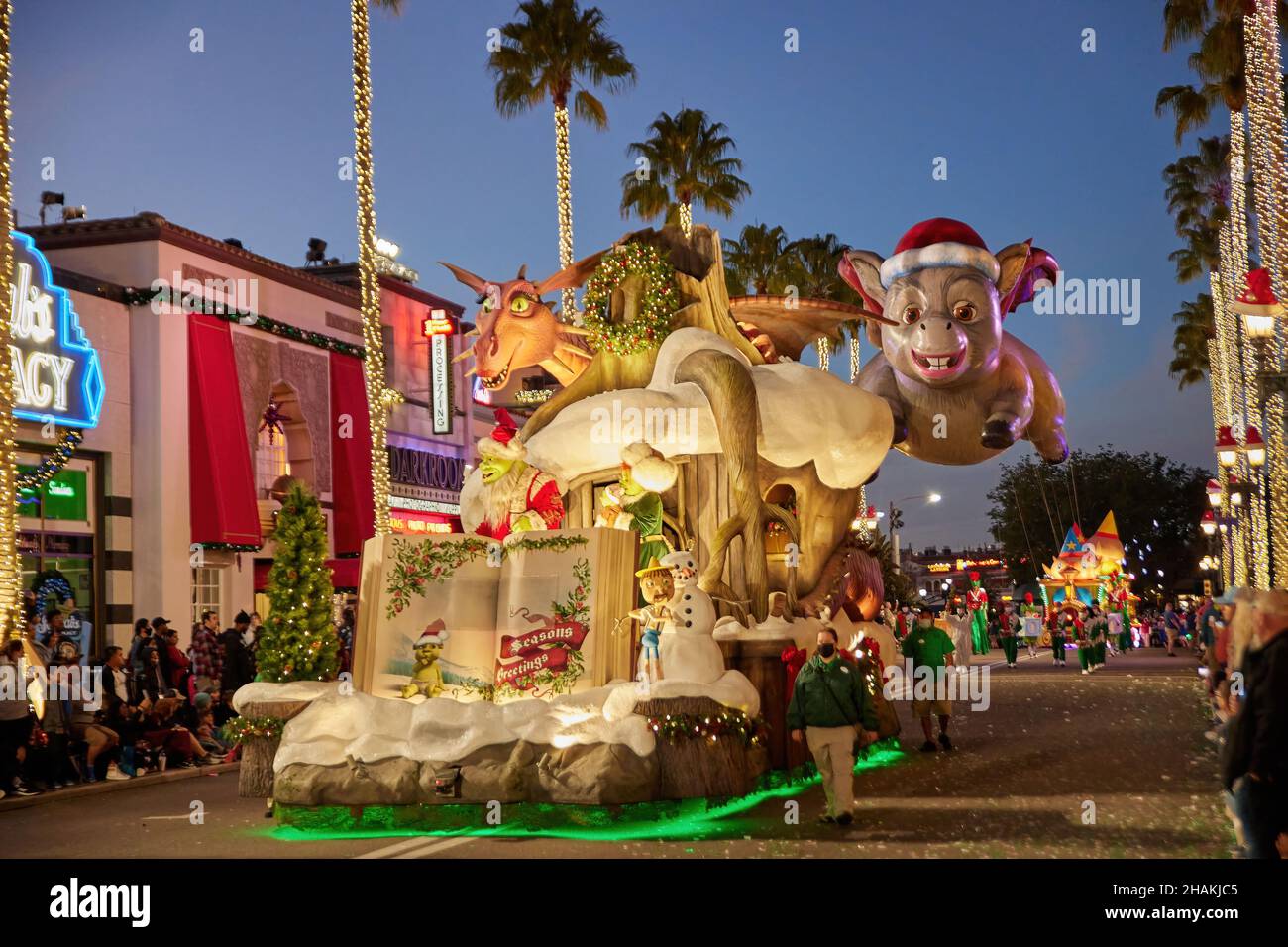 Universal's Holiday Parade featuring Macy's. Balloons floating through the streets of Universal