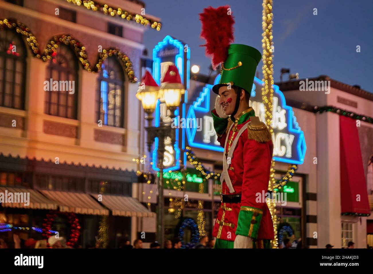 Universal's Holiday Parade featuring Macy's. Balloons floating through the streets of Universal