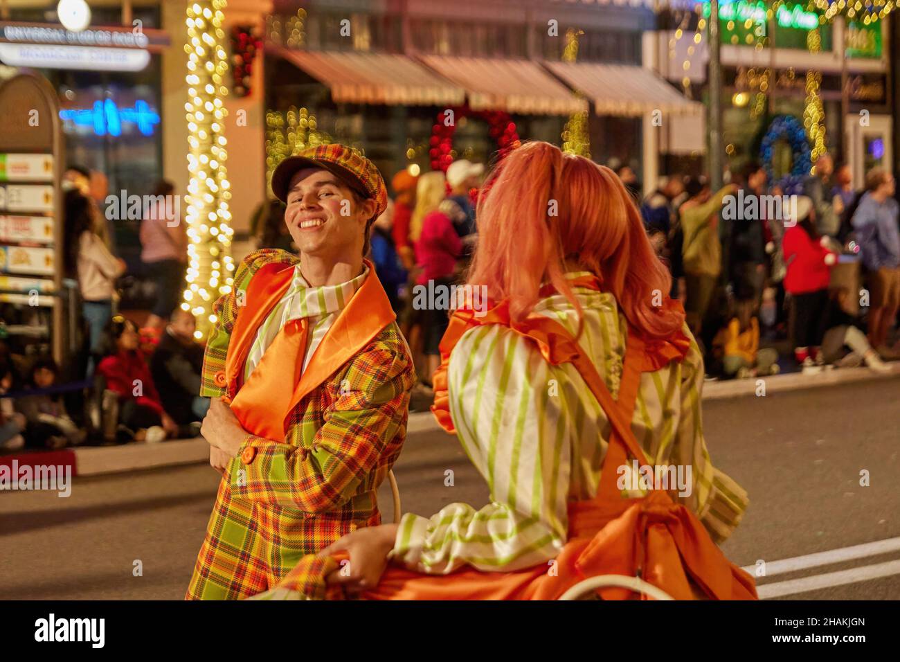 Universal's Holiday Parade featuring Macy's. Balloons floating through