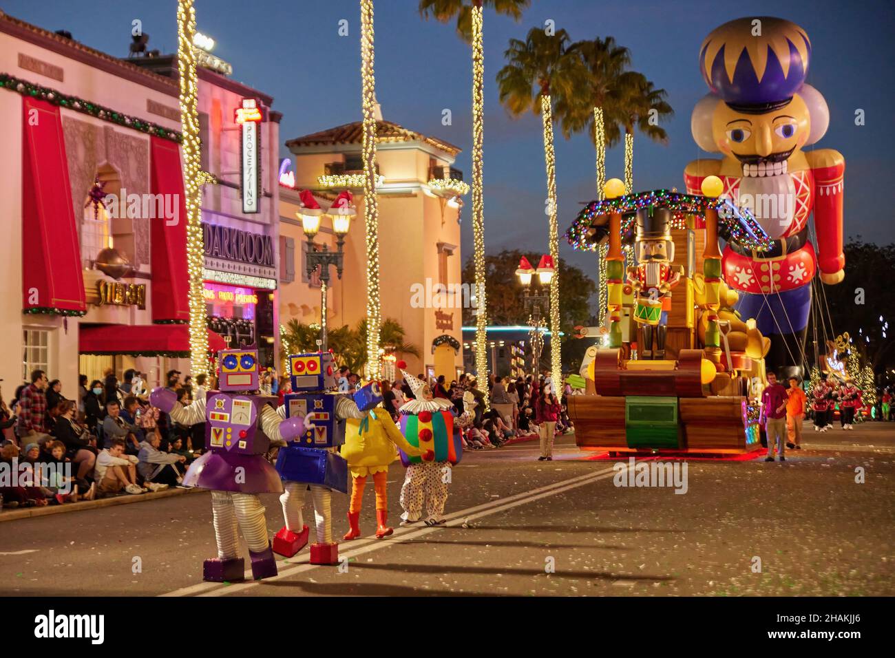 Universal's Holiday Parade featuring Macy's. Balloons floating through