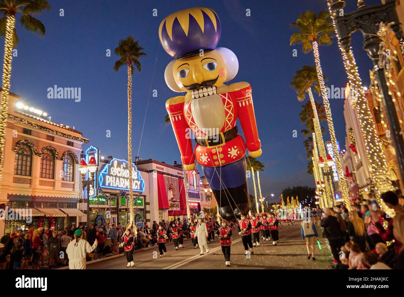 Universal's Holiday Parade featuring Macy's. Balloons floating through