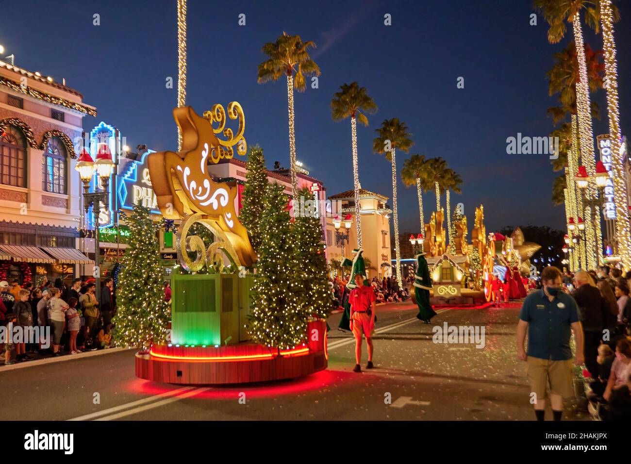 Universal's Holiday Parade featuring Macy's. Balloons floating through