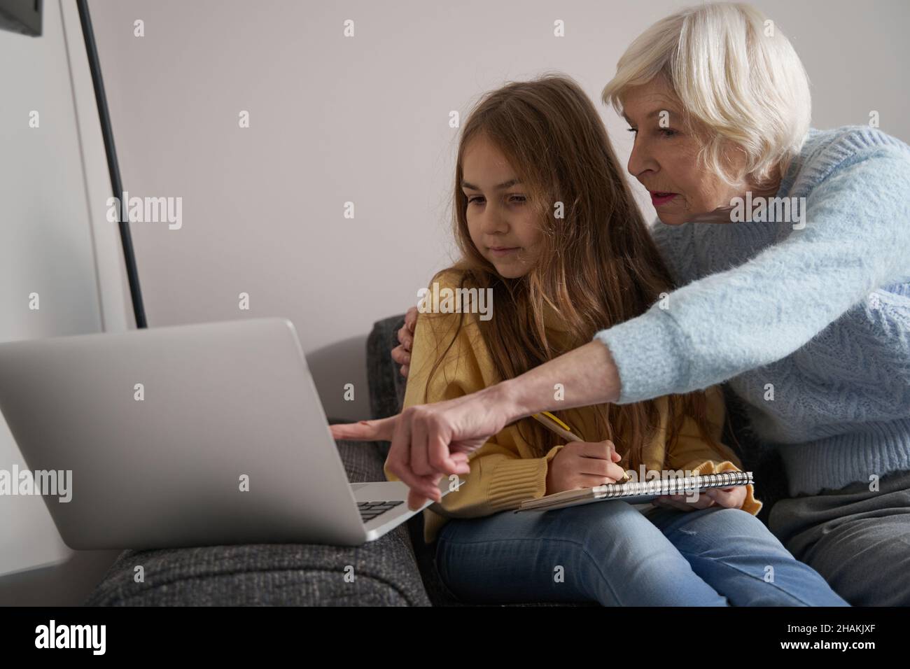 Focused grandma and child looking at computer monitor Stock Photo - Alamy