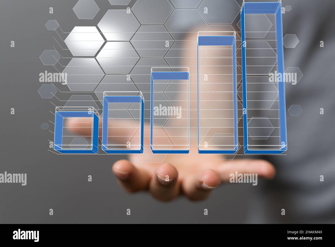3D rendering of graph icons floating on a man's hand Stock Photo - Alamy