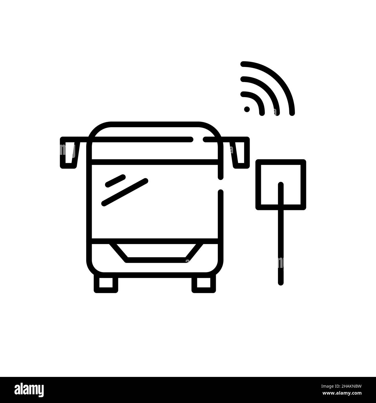 Smart public transportation. Bus with wireless sensors on a bus stop. Pixel perfect, editable stroke icon Stock Vector