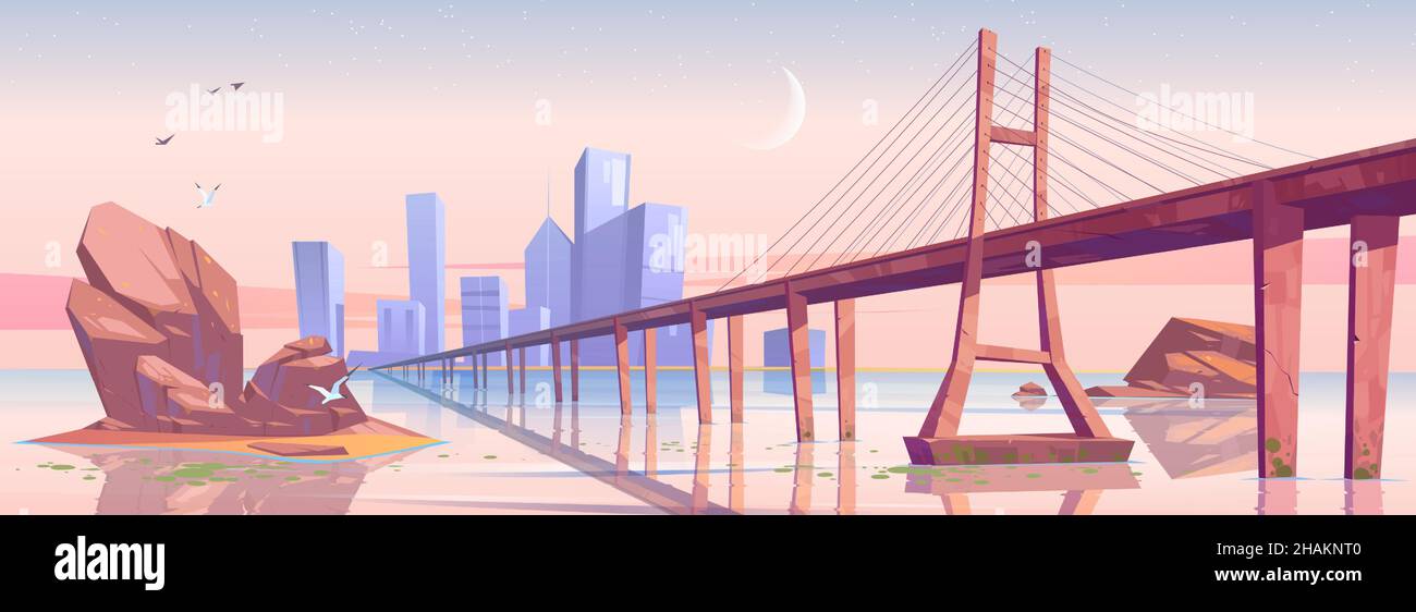 Modern city skyline at early morning, metropolis with low-water bridge over the ocean under pink sky with crescent. Town cityscape with skyscraper buildings architecture, Cartoon vector illustration Stock Vector
