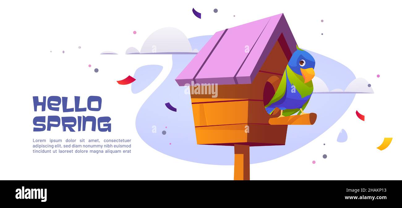 Hello spring banner with parrot in birdhouse. Vector landing page with cartoon illustration of beautiful colorful parrot and wooden bird house on background of sky with clouds Stock Vector