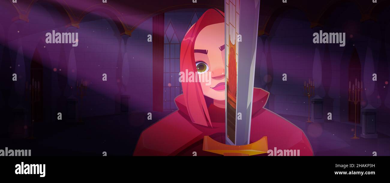 Ancient warrior woman, medieval female knight, heraldic soldier with sword, guard with blade in red cape. Young ginger girl fighter portrait in royal palace, cartoon character, Vector illustration Stock Vector