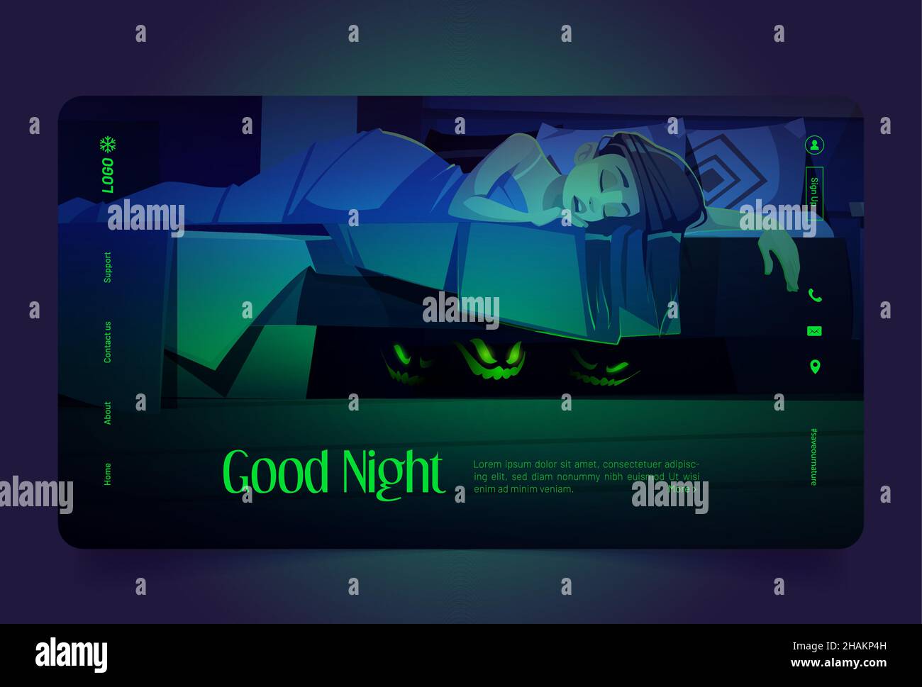 Good night cartoon landing page, young woman sleeping with monsters hiding under the bed, nightmare. Girl sleep in dark room with creepy glowing faces, Halloween scene, Cartoon vector web banner Stock Vector